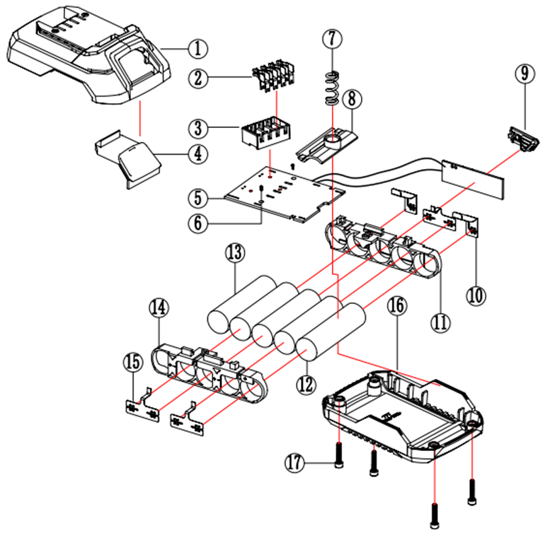 ЗУБР С1-18, 18 В, 1.3 А·ч, аккумуляторная батарея (АКБ-18 С1) - разборная схема
